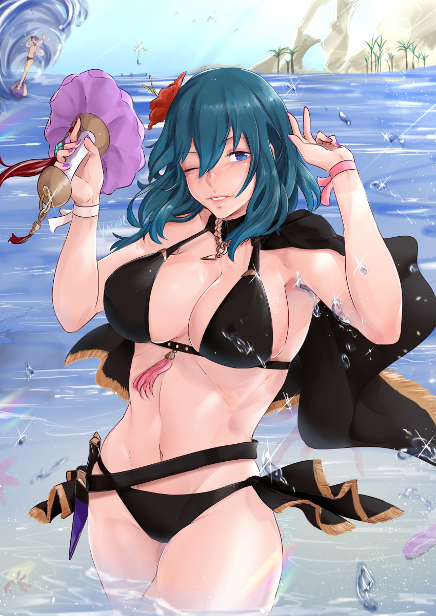 1boy 1girl absurd_res 고혹적인 bare_arms bare_shoulders belt big_breasts bikini black_belt black_bikini black_capelet blue_eyes blue_sky breast byleth_(fire_emblem) byleth_(fire_emblem)_(female) byleth_(summer)_(fire_emblem)_(female) capelet cleavage commentary_request cowboy_shot day fire_emblem fire_ 엠블럼:_세_집 불_엠블럼_영웅 꽃 hair_flower hair_ornament high_res 긴 머리 looking_at_viewer lorenz_hellman_gloucester lorenz_hellman_gloucester_(여름) 매니큐어 배꼽 nintendo Oceanofficial_alternate_costume one_eye_closed 외부 parted_lips purple_nails red_flower 리본 하늘 솔로_초점 서 있는 배 서핑 수영복 청록색 머리 허벅지 바이알나이트 와딩 워터 손목_리본