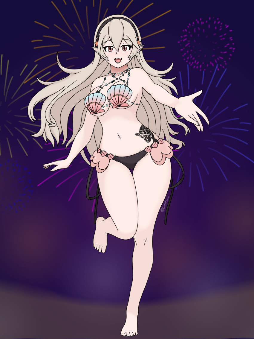 1girl 1girl 2024 매혹적인 alter_costume bare_legs 비키니 가슴 corrin_(fire_emblem) corrin_(fire_emblem)_(female) female_only fire_emblem fire_emblem_cipher fire_emblem_fates 불꽃놀이 latikamu looking_at_viewer new_year nintendoofficial_alternate_costume open_mouth shell_bikini 수영복 문신 year_of_the_dragon