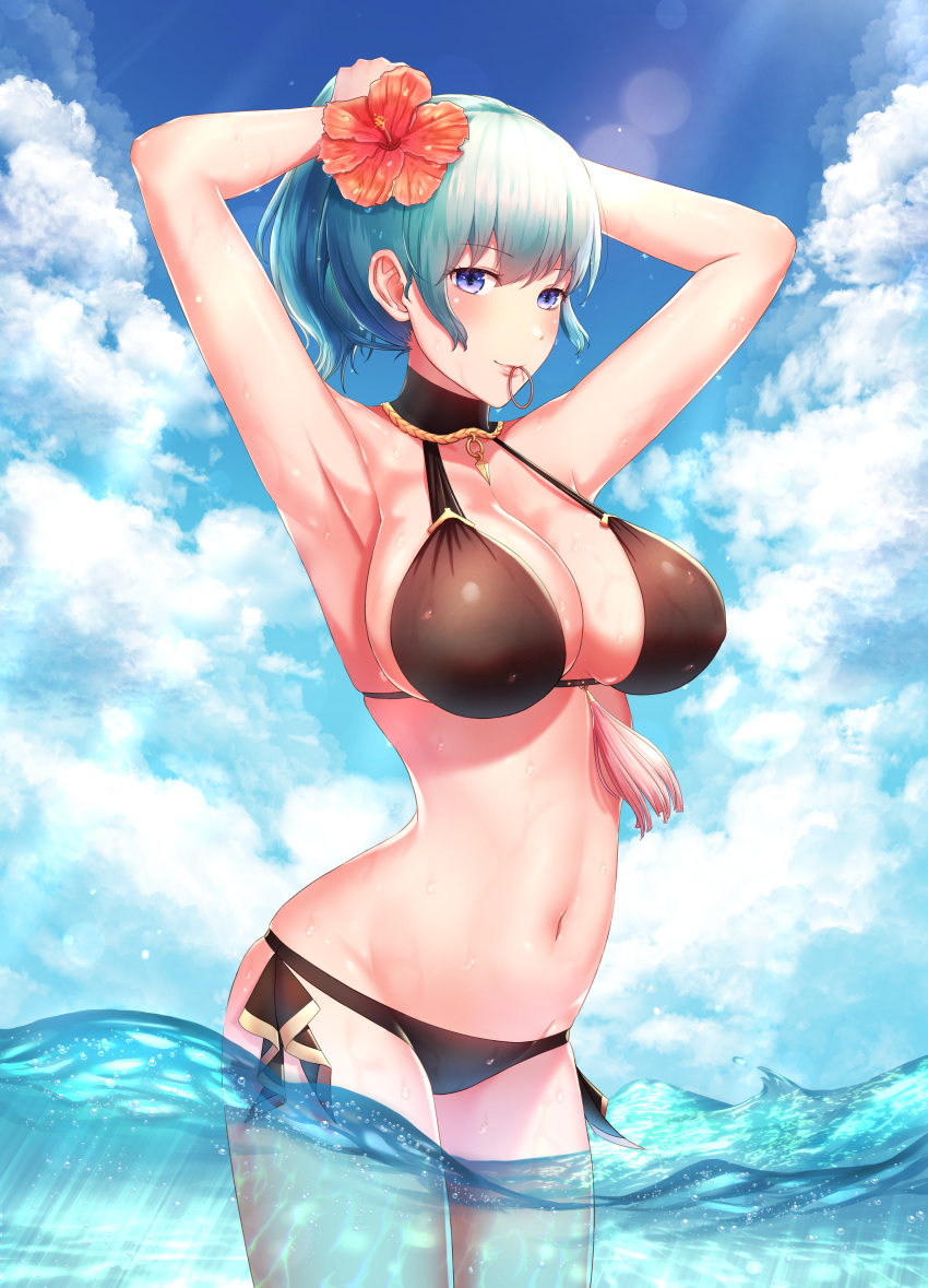 1girl 1girl absurd_res 조정_머리 유혹하는 big_breasts 비키니 black_bikini blue_eyes 블러셔 가슴 byleth_(fire_emblem) byleth_(fire_emblem)_(female) byleth_(summer)_(fire_emblem)_(female) 분열 fire_emblem fire_emblem:_3_houses 홀터넥 high_res 배꼽 nintendo Oceanofficial_alternate_costume 부분적으로 _부분적으로 잠긴_수중_샷 파루포메 포니테일 수영복 청록색 머리 수중 넘어가고 젖은