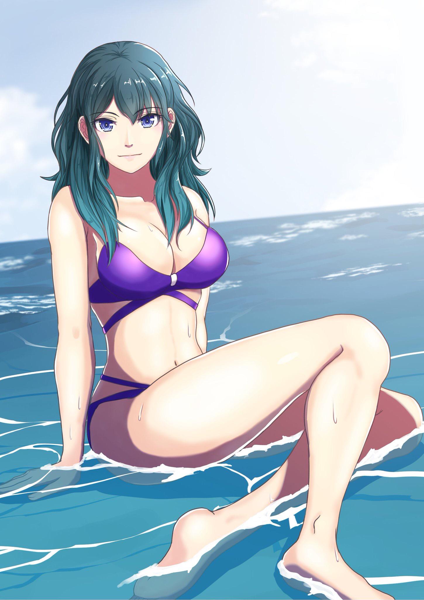 1girl 매혹적인 bare_legs 맨발 비키니 blue_eyes blue_sky byleth_(fire_emblem) byleth_(fire_emblem)_(female) 분열 fire_emblem fire_emblem_heroes fire_emblem_warriors gzo1206 in_water Medium_breasts nintendo Ocean teal_hair wet