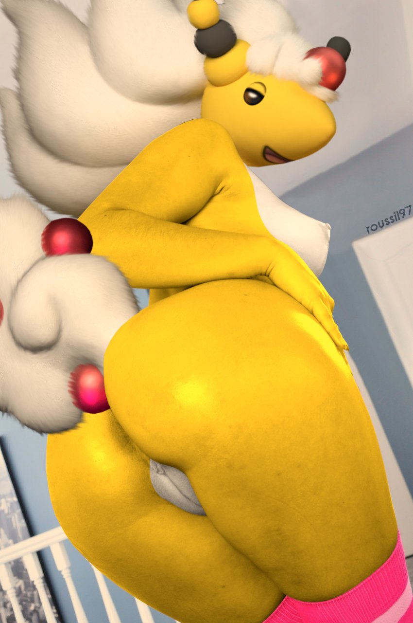 female_only furry furry_female furry_only mega_ampharos nintendo otarlette 포켓몬 roussil97 yellow_fur