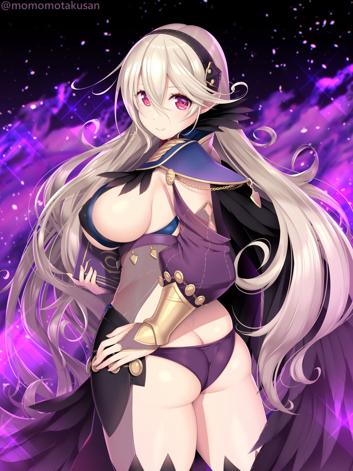 1girl 1girl 1girl 매혹적인 alter_costume 엉덩이 큰 엉덩이 큰 가슴 보디스타킹 가슴 corrin_(fire_emblem) corrin_(fire_emblem)_(female) female_only fire_emblem fire_emblem_fates grey_hair 머리띠 kashiwamochi_yomogi looking_at_viewer looking_back nintendo 팬티 purple_panties red_eyes 시스루 타이츠 속옷