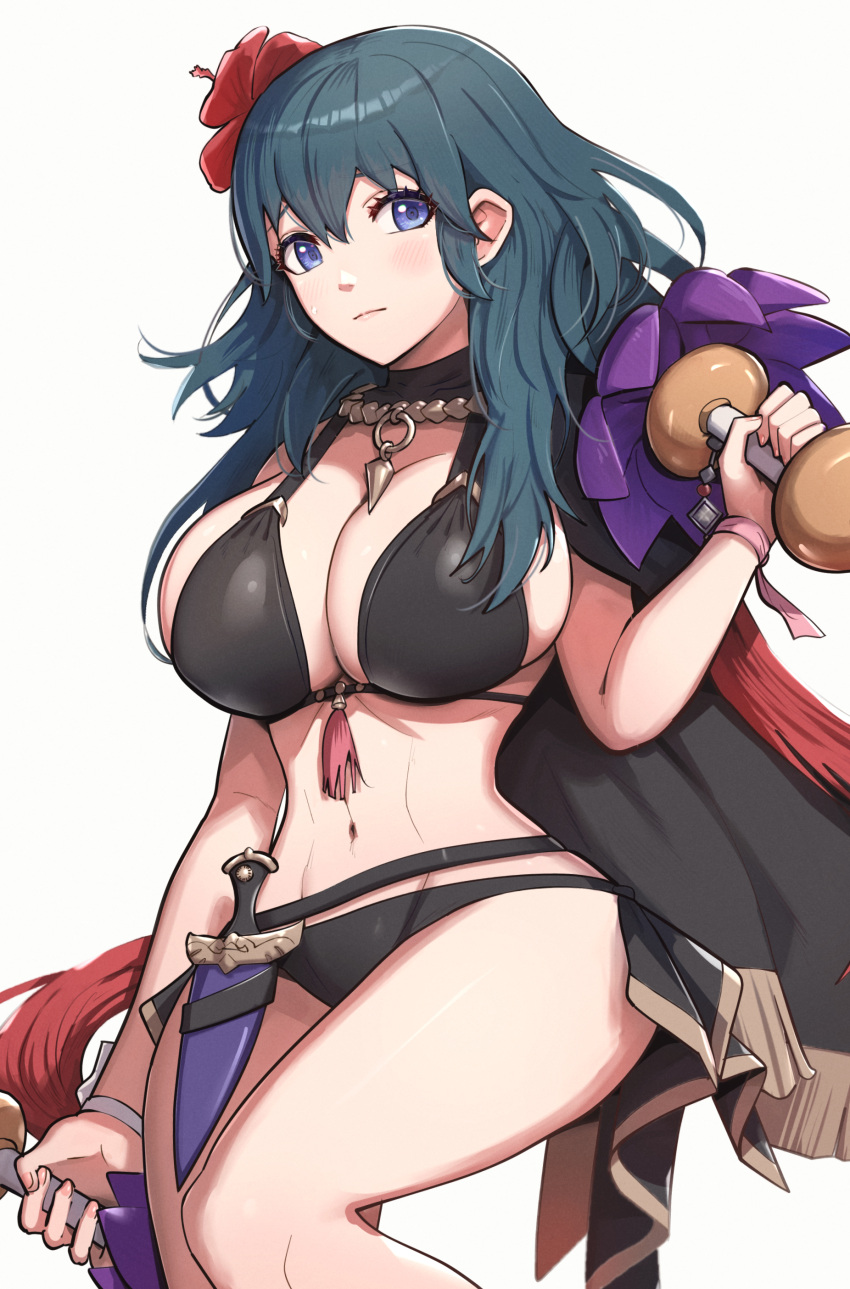 1girl 2024 ::/ absurd_res alluring replacement_costume big_breasts 비키니 black_bikini black_swimsuit blue_eyes byleth_(fire_emblem) byleth_(fire_emblem)_(female) byleth_(summer)_(fire_emblem)_(female) 분열 close_mouth commentary_request dagger fire_emblem fire_emblem:_ three_houses fire_emblem _영웅 꽃 꽃_인_헤어 곤자레스 헤어_꽃 머리_장식 고해상도 칼 다리 긴 머리 보는 사람 목걸이 nintendo 공식_대체_의상 purple_eyes 개정 칼집 외장 빛나는 엉덩이 빛나는_가슴 빛나는 엉덩이 빛나는 머리 빛나는 피부 단순한 배경 수영복 술 청록색 머리 허벅지 무기 흰색 배경