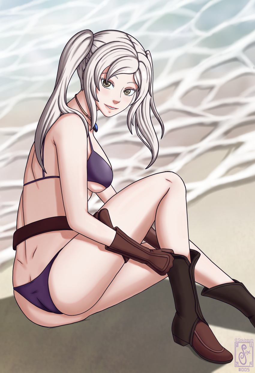 1girl 매혹적인 엉덩이 해변 big_breasts 비키니 부츠 brown_eyes 코트 fire_emblem fire_emblem_awakening fire_emblem_heroes nintendo Ocean robin_(fire_emblem) robin_(fire_emblem)_(female) robin_(summer)_(fire_emblem)_(female) silver_hair 속음 언더보브 젖은