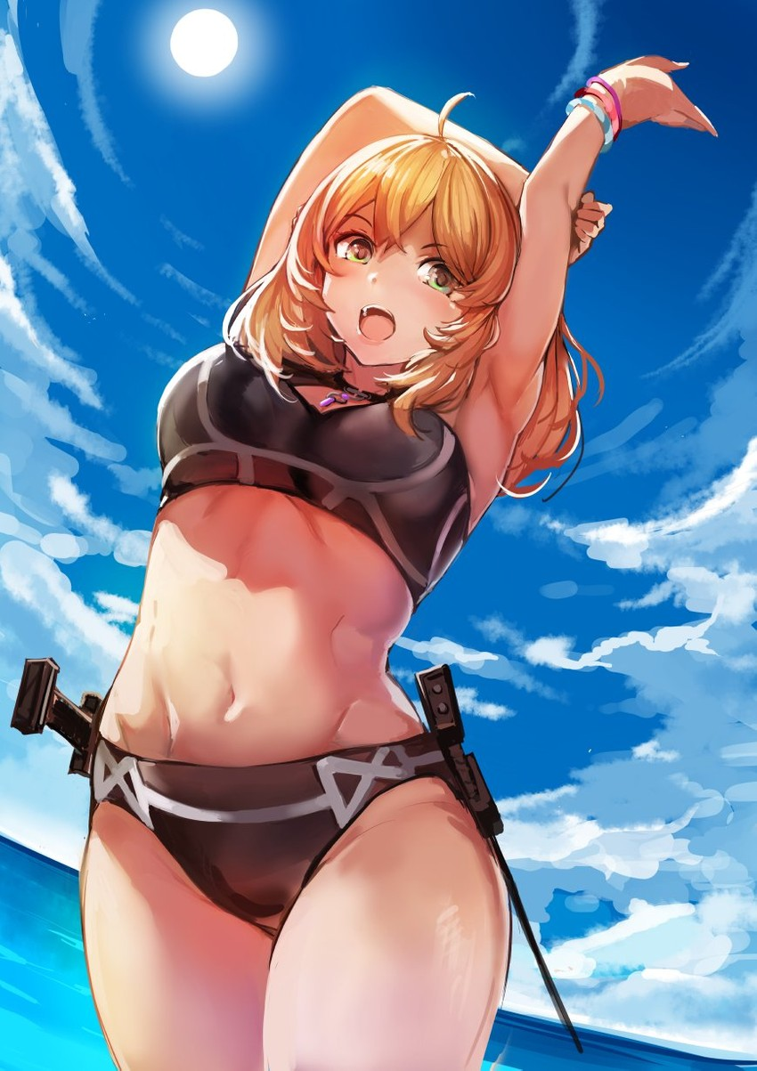 1girl 매혹적인 운동_여성 black_bikini black_panties blonde_female 금발_머리 가슴 분열 female_abs fiora_(xenoblade) fiorun fit_female green_eyes navel nintendo soma_anti 수영복 xenoblade_(시리즈) xenoblade_chronicles