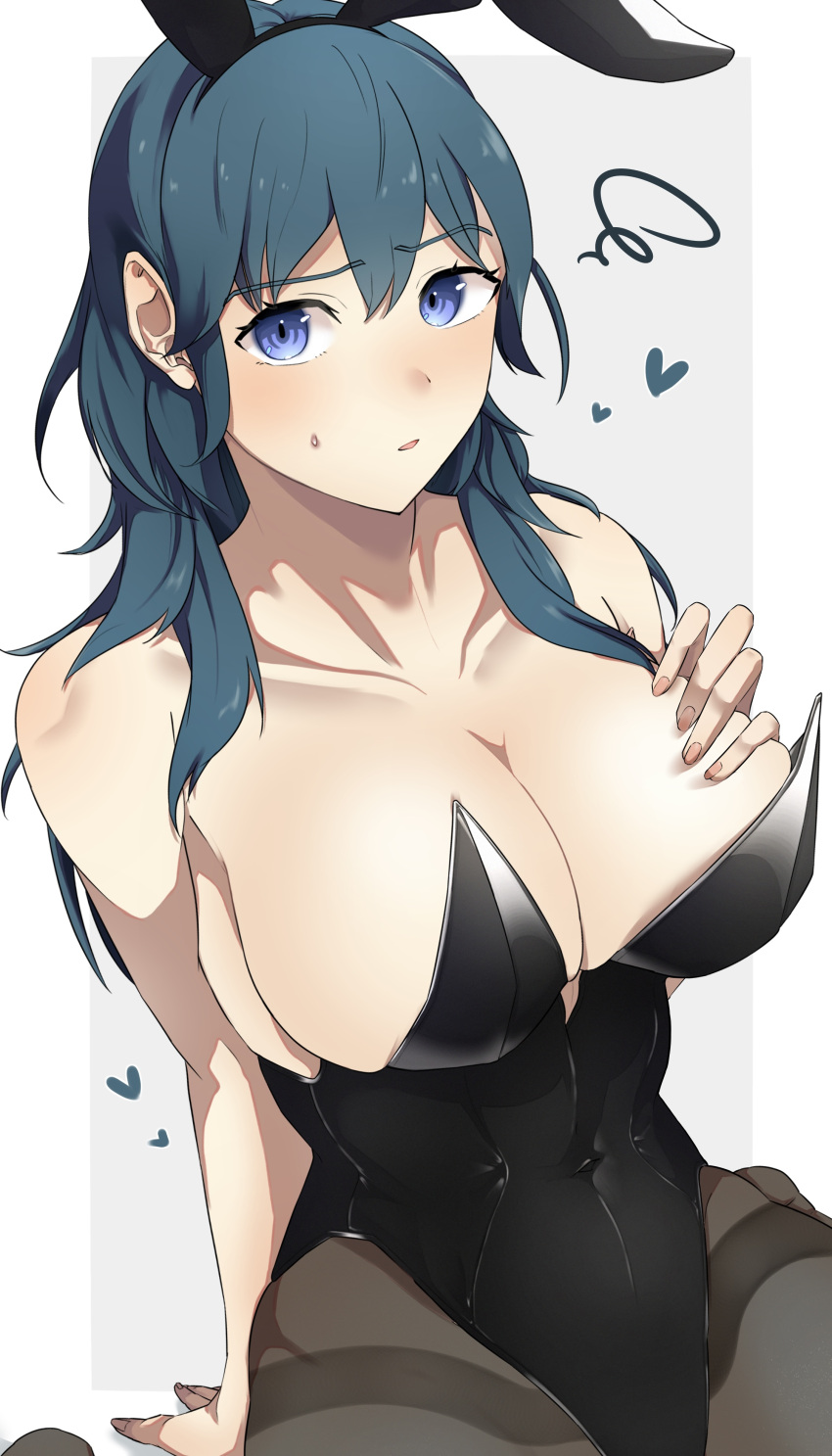 1girl 1girl 1girl 매혹적인 대체_의상 big_breasts blue_eyes Bunny_ears Bunny_girl Bunnysuit byleth_(fire_emblem) byleth_(fire_emblem)_(female) 분열 female_only fire_emblem fire_emblem:_3_houses looking_at_viewer nintendo shikohatsu sweat teal_hair