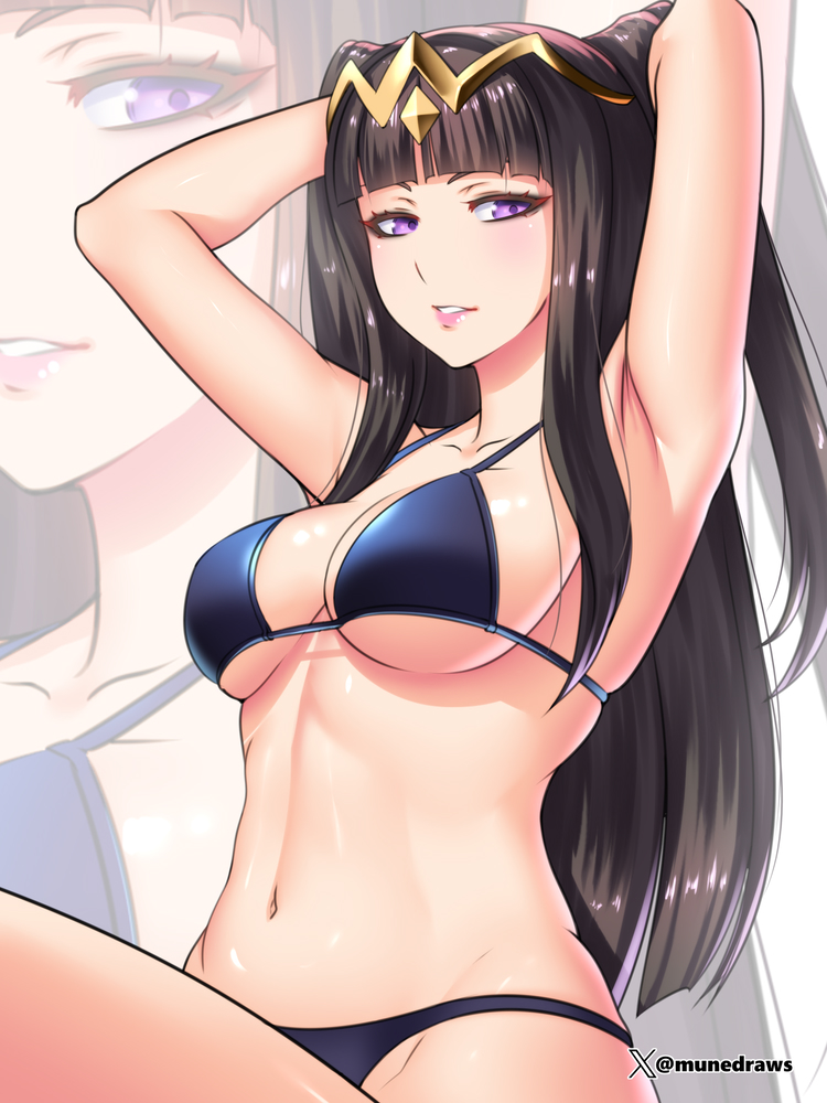 1girl 1girl 1girl 매혹적인 대체_의상 아티스트_이름 비키니 black_bikini black_hair black_swimsuit blunt_bangs 쇄골 english_commentary 에치무네 female_only fire_emblem fire_emblem_awakening 손_up Hime_cut 긴 머리 looking_at_viewer 중간_가슴 섹시한중년여성 nintendo parted_lips purple_eyes 사이드부브 수영복 tharja tharja_(fire_emblem) twitter_username under_boob