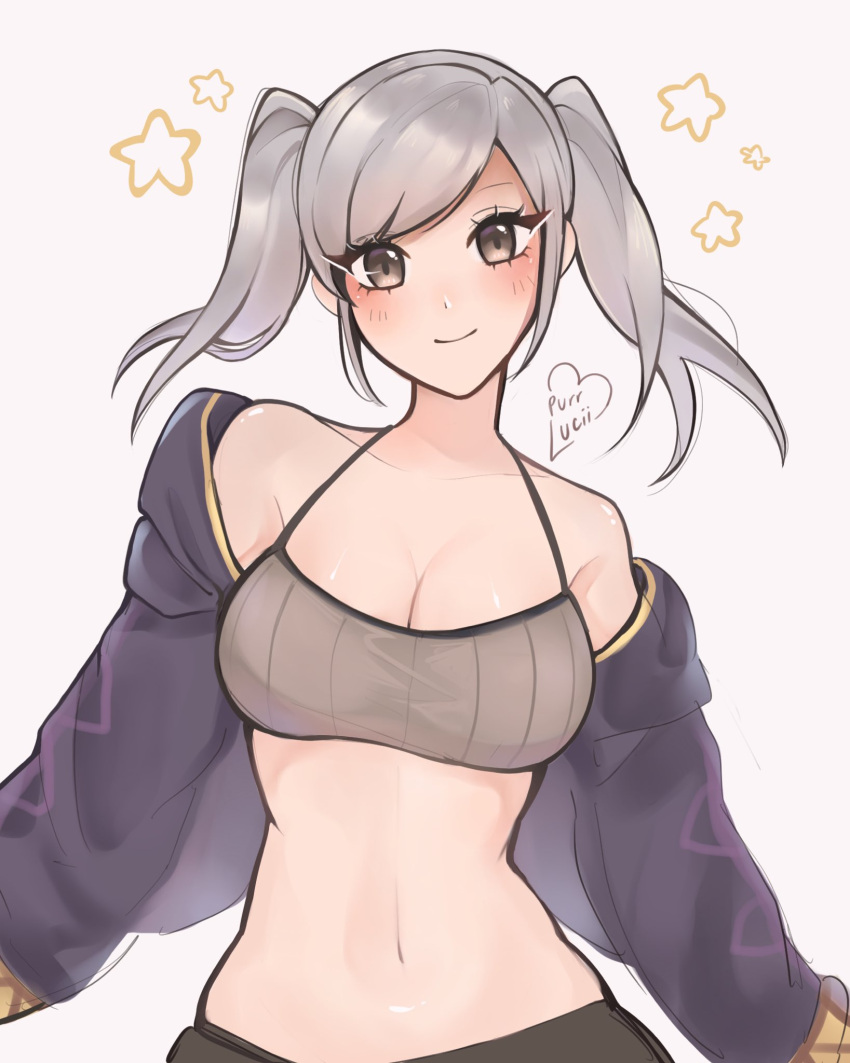 1girl 1girl 1girl 고혹적인 반두 bare_shoulders 가슴 캐미솔 분열 해설 english_commentary female_only fire_emblem fire_emblem_awakening grey_Background grey_eyes grey_hair 고해상도 재킷 긴_머리 긴_sleeves looking_at_viewer Medium_breasts 횡격막 nintendo open_clothes open_jacket purple_jacket purrlucii robin_(fire_emblem) robin_(fire_ 엠블럼)_(여자) 심플_배경 스마일 배 휩쓸기_앞머리 트윈_테일 상체_바디