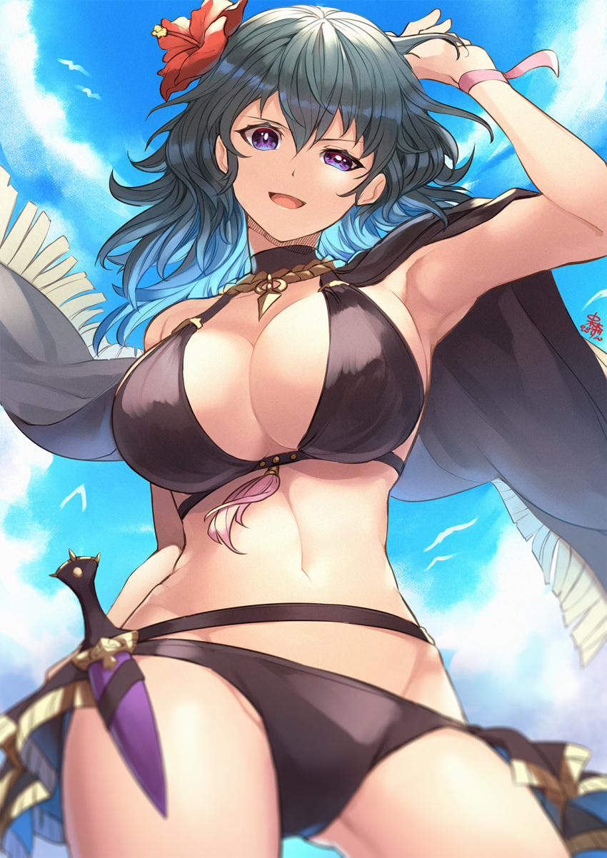 1girl 1girl 1girl 매혹적인 arm_up big_breasts big_breasts 비키니 black_bikini black_swimsuit blue_eyes blue_sky byleth_(fire_emblem) byleth_(fire_emblem)_(female) byleth_(summer)_(fire_emblem)_(female) 분열 구름 단검 female_only fire_emblem fire_emblem:_ three_houses fire_emblem_hero 꽃 머리_꽃 머리_장식 고해상도 칼 nakabayashi_zun nintendoofficial_alternate_costume open_mouth 칼집 칼집 하늘 수영복 청록색 머리 무기