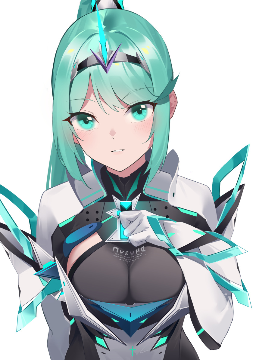 1girl 1girl absurd_res 고혹적 big_breasts 분열 evan_(pixiv7510743) green_eyes green_hair 헤어밴드 hand_on_own_chest high_res long_hair looking_at_viewer nintendo pneuma_(xenoblade) 포니테일 옆머리 simple_Background 미소 상체 흰색_배경 xenoblade_(시리즈) xenoblade_chronicles_2