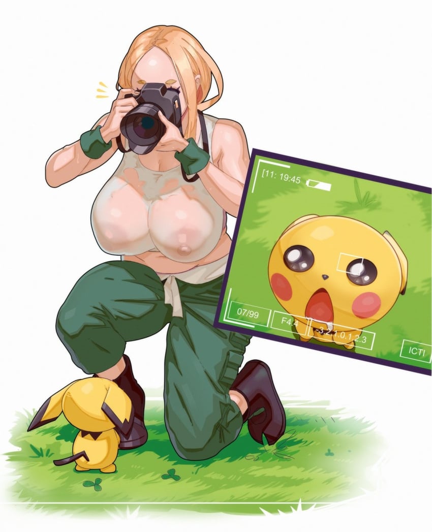 1girl 1pokemon big_breasts 카메라 노출_breasts ictiwinter matrclaws nintendo pichu 포켓몬 viola_(pokemon)