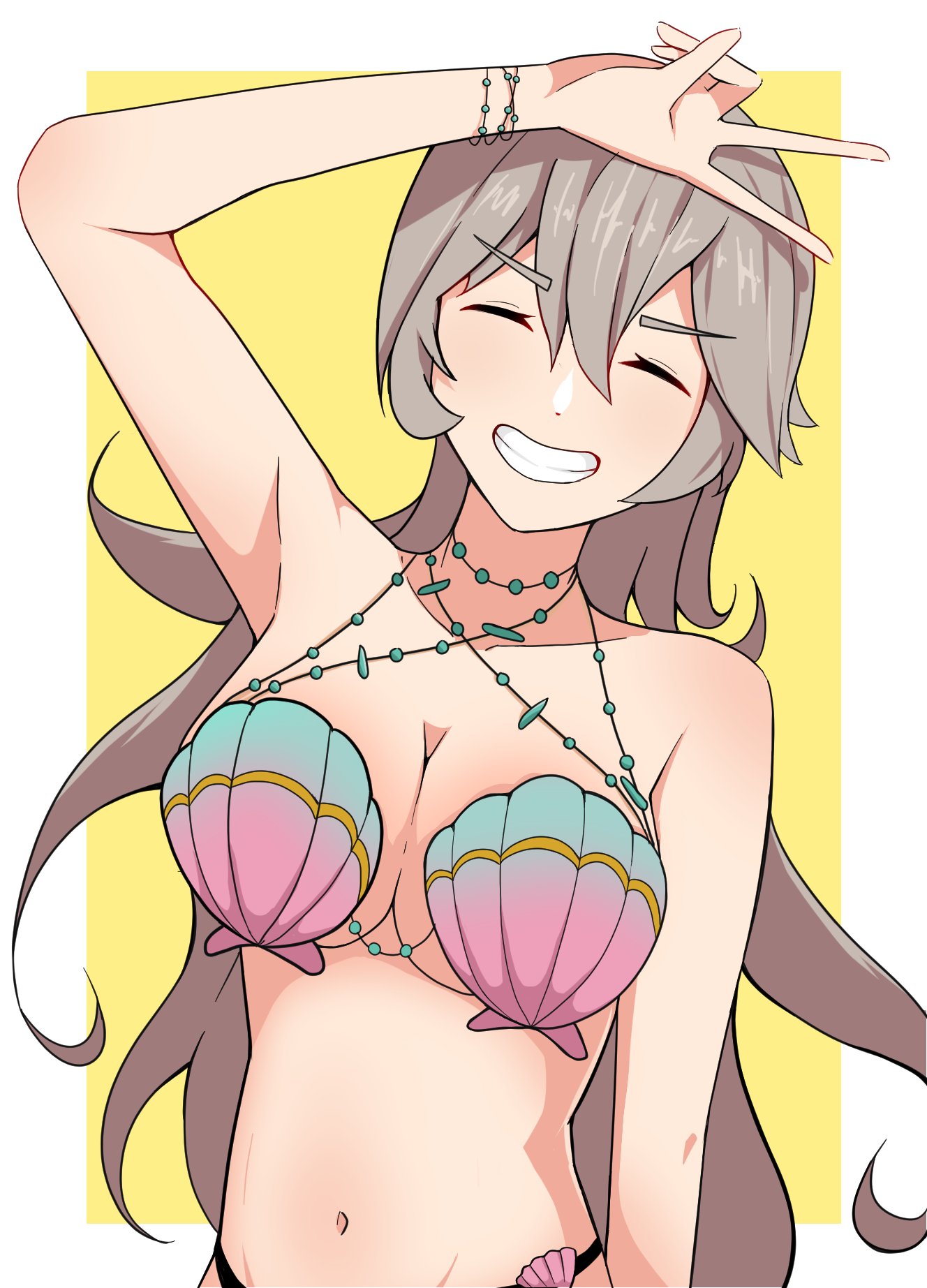 1girl 매혹적인 대체_의상 바카레츠 비키니 가슴 분열 폐쇄_눈 corrin_(fire_emblem) corrin_(fire_emblem)_(여성) female_only fire_emblem fire_emblem_cipher fire_emblem_fates grey_hair Medium_breasts nintendoofficial_alternate_costume seashell_bra 수영복 v