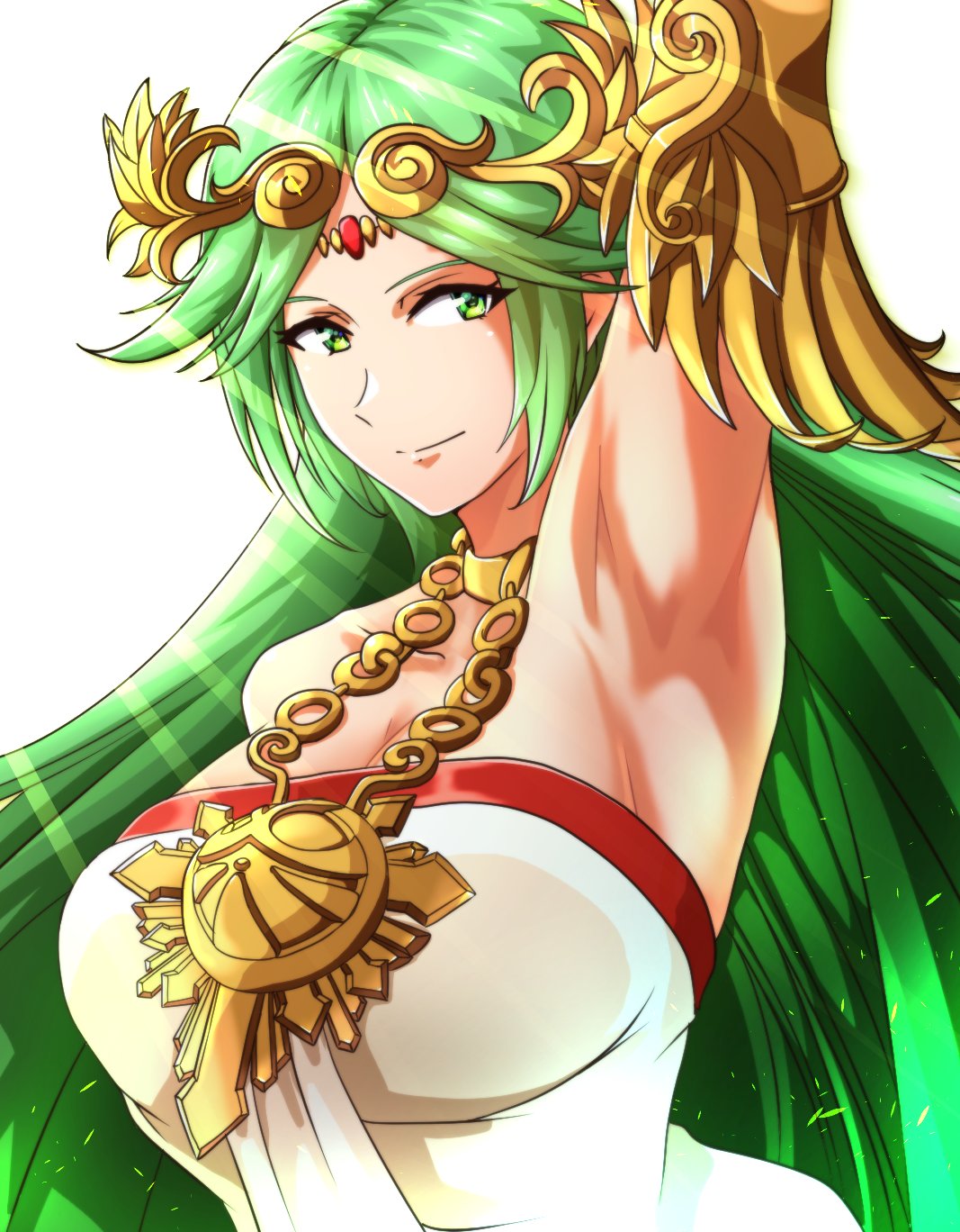 1girl 1girl 매혹적인 팔_뒤_머리 큰_가슴 분열 green_eyes green_hair 고해상도 아이_icarus 긴 머리 looking_at_viewer nintendo palutena 스마일 to_(tototo_tk)