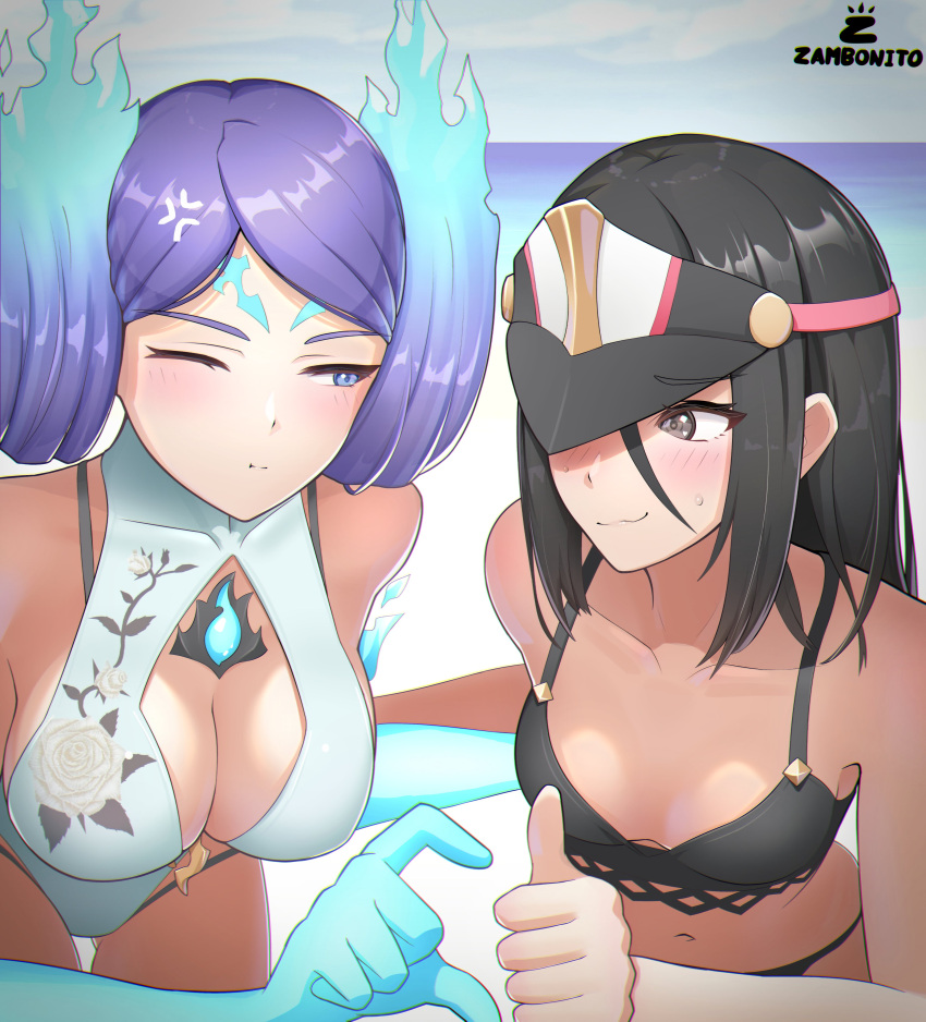 2girls alluring big_breasts bikini black_hair 홍당무 brighid brighid_(xenoblade) brown_eyes 분열 core_crystal flaming_hair heart_hands_failure 중간_가슴 morag_ladair 긴장된 nintendo one-piece_bikini one-piece_swimsuit purple_eyes purple_hair 수영복 visor_cap xenoblade_(시리즈) xenoblade_chronicles_2 yuri zambonito