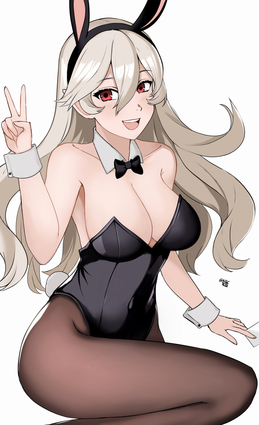 1girl 1girl 1girl alluring replacement_costume big_breasts Bunny_ears Bunny_girl Bunnysuit corrin_(fire_emblem) corrin_(fire_emblem)_(female) female_only fire_emblem fire_emblem_fates 헤어 머리띠 kgctcg long_hair nintendo open_mouth red_eyes v white_hair