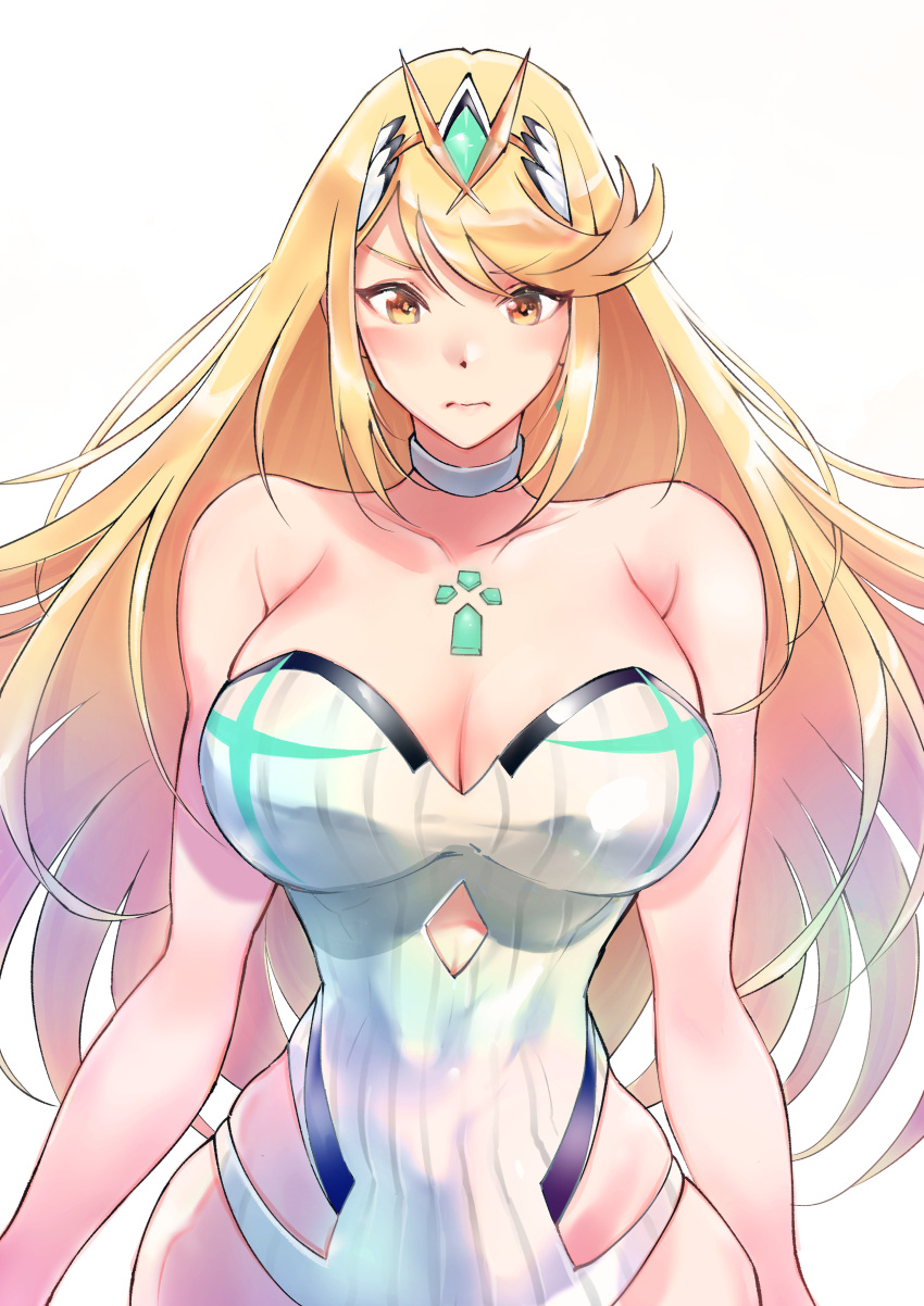 1girl absurd_res 매혹적인 큰 가슴 금발 머리 chest_jewel 보석 머리 장식 high_res 긴 머리 신화mythra_(radiant_beach)_(xenoblade) nintendo one-piece_bikini 골지_비키니 끈이 없는 끈이 없는_one-piece_비키니 줄무늬_옷 줄무늬_원피스_비키니 휩쓸린_앞머리 수영복 티아라 투톤_수영복 세로 줄무늬_ 옷 세로줄무늬_원피스_비키니 아주_긴_머리 흰색_원- Piece_swimsuit xenoblade_(시리즈) xenoblade_chronicles_2 yellow_eyes