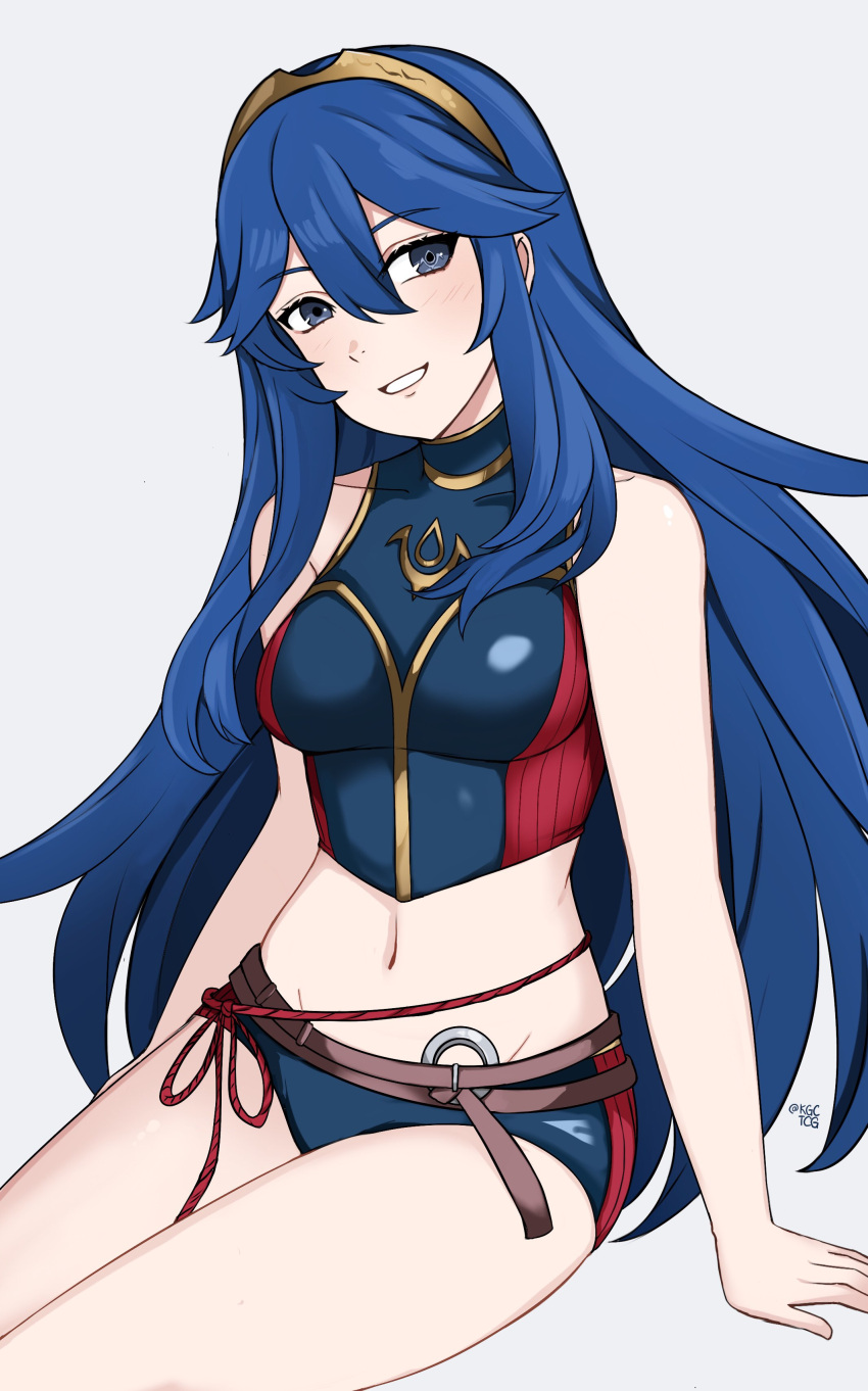 1girl 1girl absurd_res 고혹적인 bare_shoulders 벨트 비키니 blue_bikini blue_eyes blue_hair fire_emblem fire_emblem_awakening fire_emblem_cipher hair_between_eyes high_res kgctcg long_hair looking_at_viewer lucina lucina_(fire_emblem) 중간_가슴 배꼽 nintendoofficial_alternate_costume 스마일 수영복 기호_in_eye 티아라 twitter_ 사용자 이름 매우_긴_머리 흰색_배경