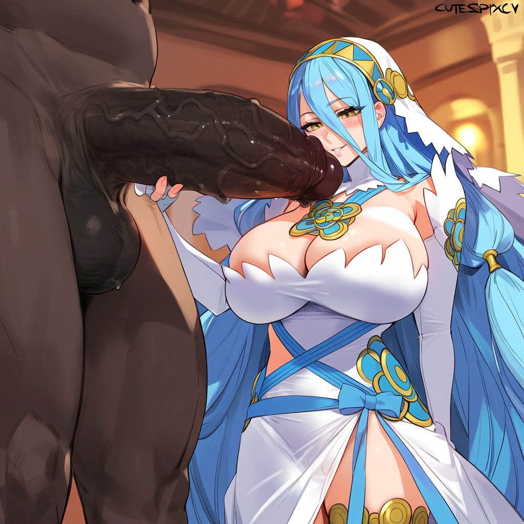 1boy 1girl ai_generated azura_(fire_emblem) big_penis 파란 머리 홍당무 가슴 옷을 입은_female_nude_male 어두운 피부의 남성 fat_man fire_emblem fire_emblem_fates grabbing_penis huge_breasts huge_cock imminent_oral imminent_sex 다른 인종간 더 큰_male looking_at_partner looking_at_penis looking_at_viewer lucyla nintendo 누드_남성 음경 음경_굉장하다 성별 크기_차이 똑바로 서 있는 모습 흰색_드레스 노란색_눈