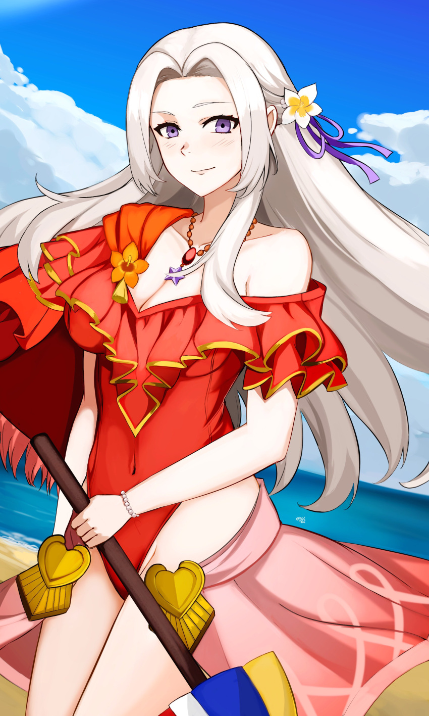 1girl 1girl 1girl alluring replacement_costume edelgard_von_hresvelg edelgard_von_hresvelg_(여름) female_only fire_emblem fire_emblem:_3_houses fire_emblem_heroes kgctcg Medium_breasts Medium_hair nintendoofficial_alternate_costume one-piece_swimsuit red_swimsuit 수영복