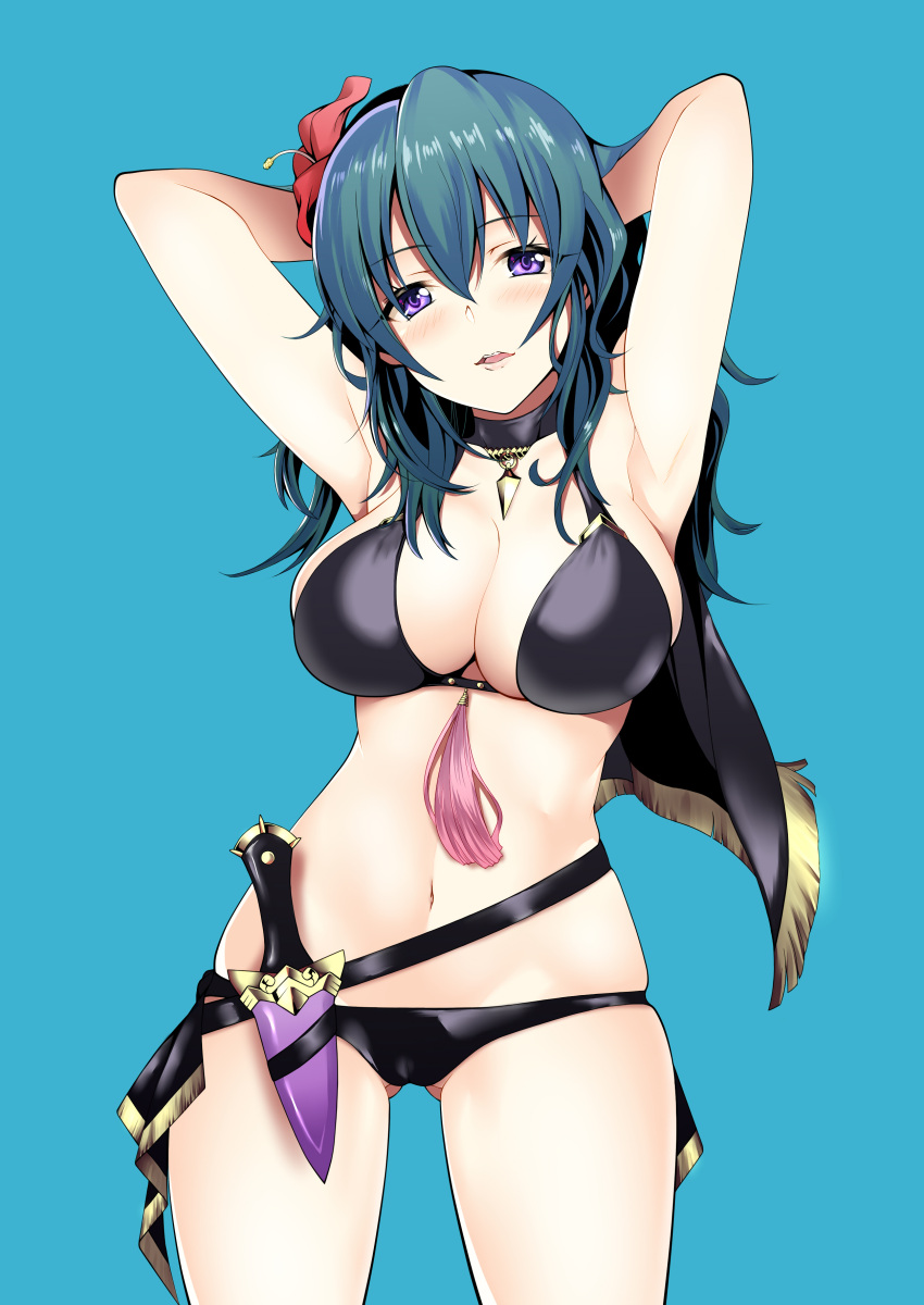 1girl 1girl 1girl 고혹적인 팔_비하인드_머리 팔_위 큰_가슴 비키니 black_bikini black_swimsuit blue_eyes blush byleth_(fire_emblem) byleth_(fire_emblem)_(female) byleth_(summer)_(fire_emblem)_(female) cape daive fire_emblem fire_emblem:_ three_houses fire_emblem_heroes 꽃 flower_in _머리칼 긴_머리 looking_at_viewer nintendo open_mouth red_flower 사이드부브 수영복 청록색 머리