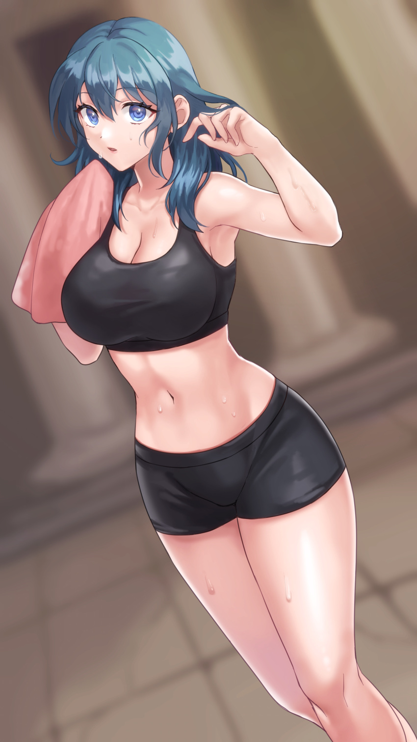 1girl 1girl 1girl absurd_res 매혹적인 bare_shoulders 큰 가슴 black_shorts blue_eyes 흐릿한 Blurry_배경 byleth_(female)_(fire_emblem) byleth_(fire_emblem) byleth_(fire_emblem)_(female) 분열 해설 Crop_top 피트_out_of_frame female_only fire_emblem fire_emblem:_세_집 손_위 위험 uki_(nyorosuke) high_res 긴 머리 looking_at_viewer 횡격막 배꼽 nintendo parted_lips short_shorts 반바지 스포츠_브라 서 있는 배 청록_머리 허벅지 수건