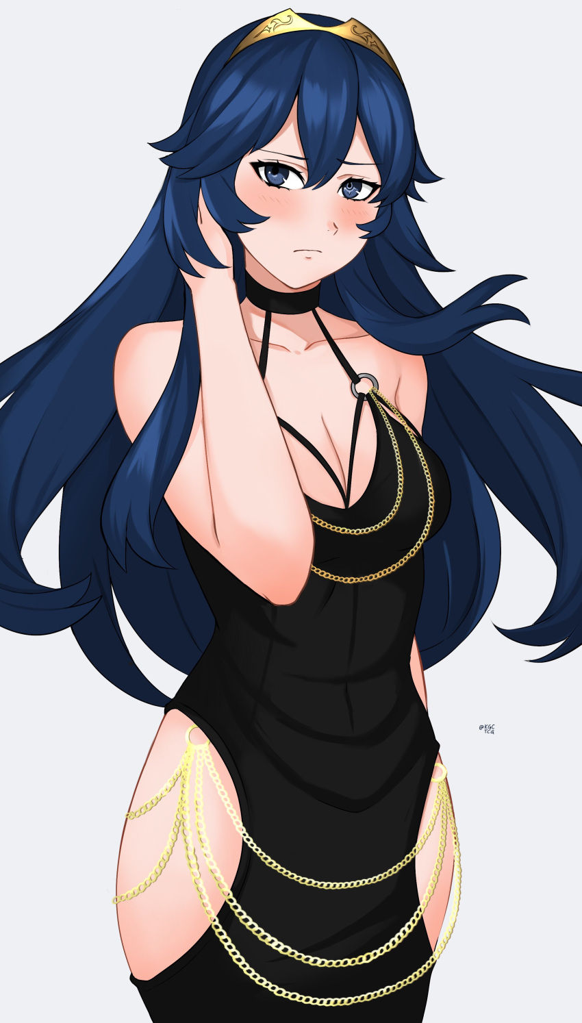 1girl 1girl 1girl Absurd_res 매혹적인 대체 의상 arm_behind_head 아티스트 이름 bare_shoulders black_dress blue_eyes blue_hair 브랜드_of_the_exalt 분열_컷아웃 clothing_cutout 드레스 female_only fire_emblem fire_emblem_awakening 홀터넥 high_res hip_vent kgctcg long_hair looking_at_viewer lucina lucina_(fire_emblem) meme_att ire modakawa_드레스 nintendo o-ring o-ring_드레스 small_breasts