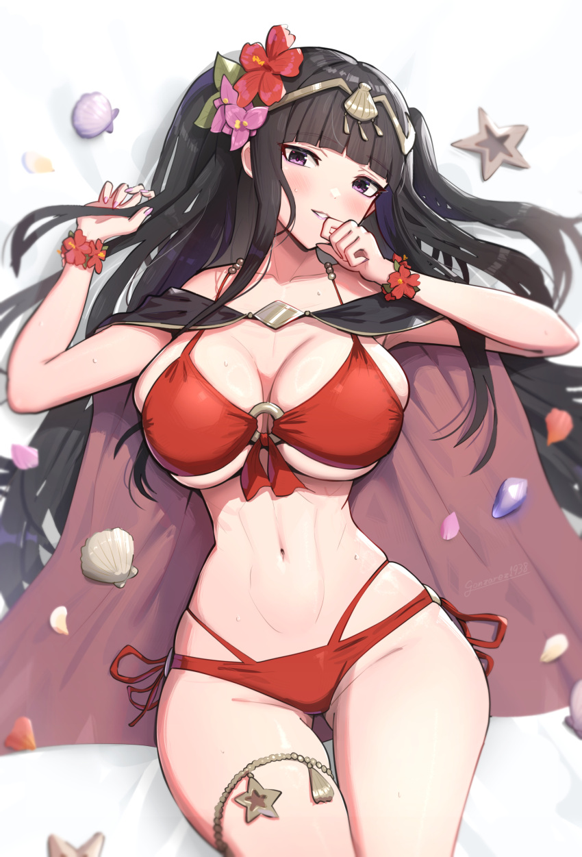 1girl 1girl 매혹적인 대체_의상 큰 가슴 비키니 black_hair 분열 fire_emblem fire_emblem_awakening fire_emblem_heroes gonzarez light-skinned_female light_skin 긴 머리 looking_at_viewer 거짓말하는 섹시한중년여성 nintendo 공식_alternate_costume on_back red_bikini red_swimsuit 수영복 tharja tharja_(fire_emblem) tharja_(여름 )_(fire_emblem)