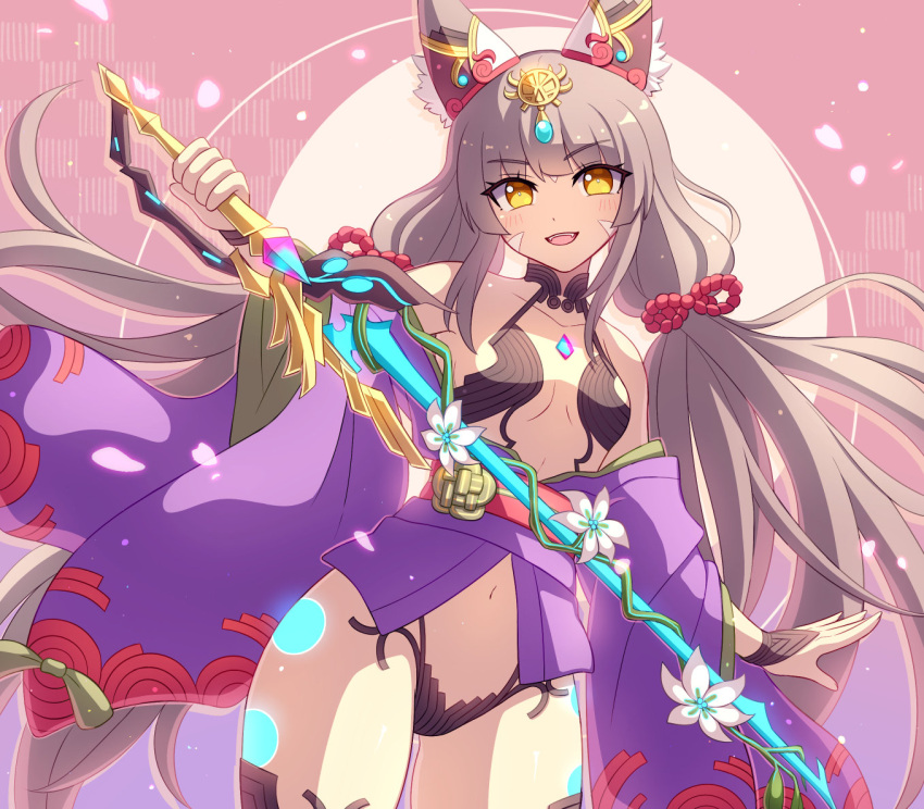 1girl 매혹적인 동물_귀 촉매제_scimitar 에니 facial_mark japanese_clothes 기모노 긴 머리 low_twintails nia nia_(blade)_(xenoblade) nia_(xenoblade) nintendo open_clothes open_kimono purple_kimono visible_clothes silver_hair 검 Twin_tails 매우_긴_머리 무기 xenoblade_(시리즈) xenoblade_chronicles_2 yellow_eyes