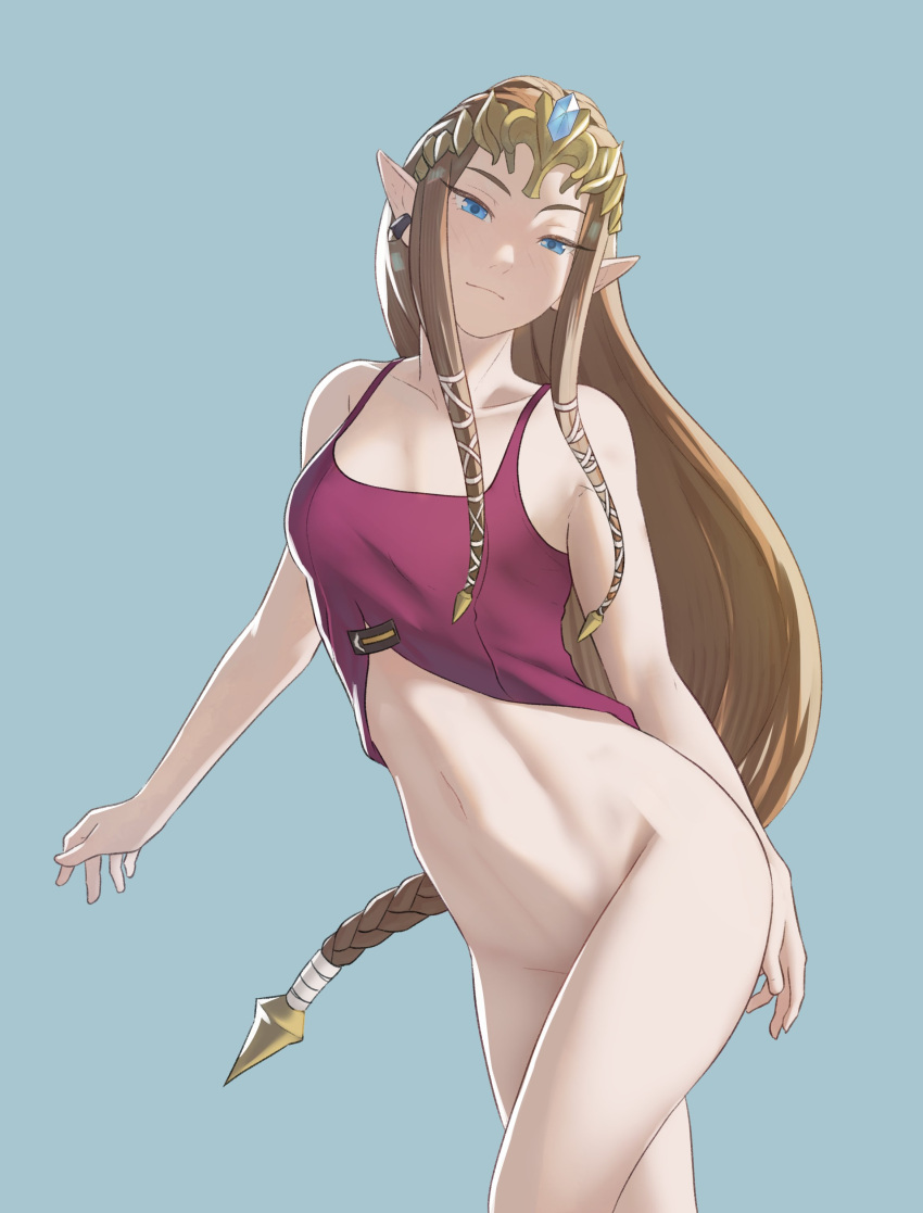 1girl bare_legs bare_thighs 파란 눈 땋은 가슴 brown_hair female_only 긴 머리 naked_from_the_waist_down nintendo pointy_ears 포멜로멜론 Princess_zelda 작은 가슴 미소 the_legend_of_zelda 허벅지 twilight_princess 매우_긴_머리 zelda_(twilight_princess)