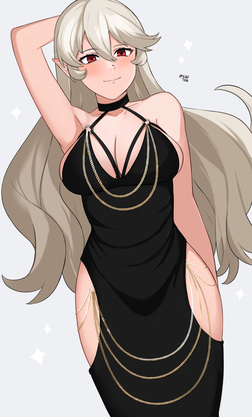 1girl absurd_res 매혹적인 대체 의상 arm_behind_head 아티스트_name bare_shoulders black_dress 분열 cleavage_cutout clothing_cutout corrin_(fire_emblem) corrin_(fire_emblem)_(female) 드레스 female_only fire_emblem fire_emblem_fates grey_hair 홀터넥 high_res hip_vent kgctcg looking_at_viewer mid_breasts meme_attire moda kawa_dress nintendo pointy_ears red_eyes 미소 허벅지