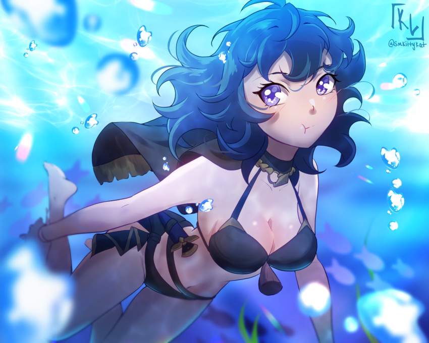 1girl alternate_costume black_bikini black_swimsuit blue_eyes blue_hair 가슴 (여름) _ (fire_emblem) byleth_ (fire_emblem) _ (fire_emblem) _ (여성) _costume smkittykat 솔로 수영복 수중