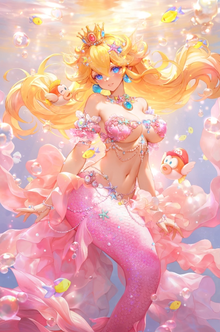 1girl 2024 big_breasts Blonde_hair 파란 눈 거품 cheep_cheep 왕관 여성 물고기 보석 light-skinned_female light_skin 긴 머리 mario_(시리즈) mario_hat 인어 인어_소녀 인어_꼬리 버섯거울 nintendo pink_theme 공주 공주_복숭아 솔로 solo_female 끈이 없는_bra super_mario_bros.  수중 video_game video_game_character video_games