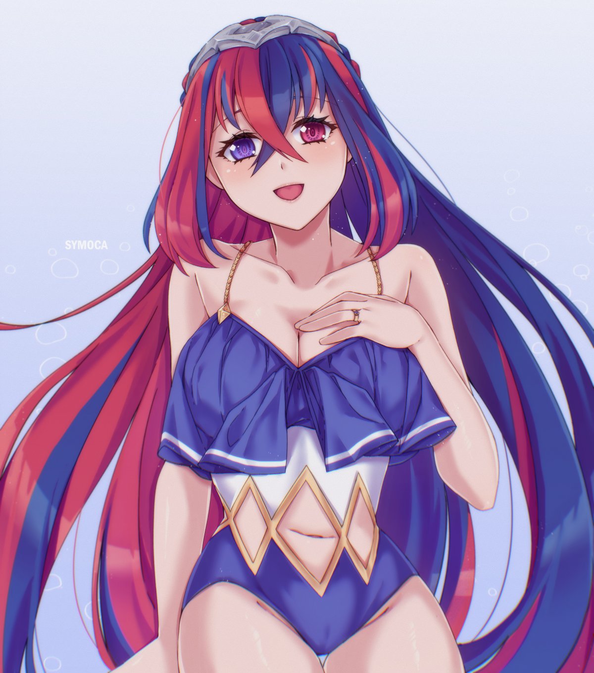 1girl alear_(여성)_(fire_emblem) alear_(fire_emblem) 매혹적인 비키니 blue_one-piece_swimsuit blue_swimsuit female_only fire_emblem fire_emblem_engage looking_at_viewer Medium_breasts nintendo one-piece_swimsuit open_mouth 수영복 심모카