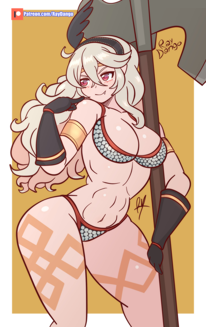 1girl 복근 매혹적인 amazon_(dragon's_crown)_(cosplay) Athletic_female bare_thighs big_breasts 블러셔 chainmail chainmail_bikini 분열 corrin_(fire_emblem) corrin_(fire_emblem)_(female) 송곳니 female_abs female_only fire_emblem fire_emblem_fates fit_female 장갑 grey_hair 다리_tattoo 긴 머리 nintendo 포인팅_at _셀프 레이당고 redeyes 문신 허벅지