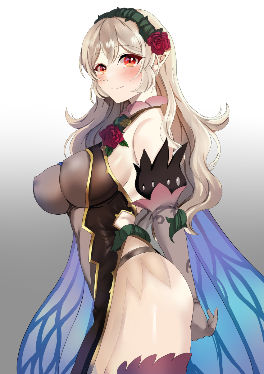 1girl 1girl 매혹적인 대체 의상 큰 가슴 홍조 corrin_(fire_emblem) corrin_(fire_emblem)_(여자) corrin_(resplendent)_(fire_emblem)_(여자) fire_emblem fire_emblem_fates fire_emblem_heroes 회색 머리 긴 머리 looking_at_viewer nintendo 공식 대체 의상 뾰족한 귀 빨간 눈 옆모습 옆가슴 미소 tara_(szzj7733) 허벅지