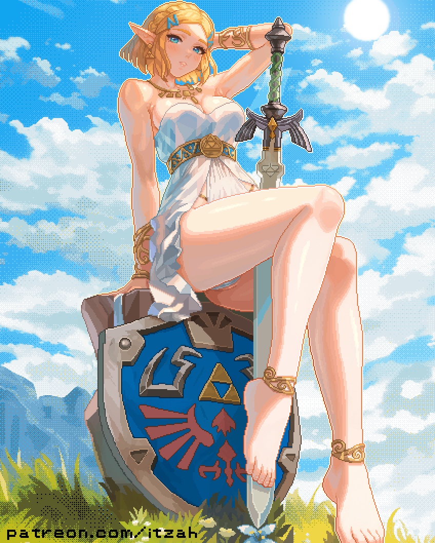 1girl 1girl 매혹적인 bare_shoulders barefoot big_breasts blonde_hair blue_eyes blue_sky braid cloud commentary crown_braid dress english_commentary hair_ornament hairclip itzah jewelry master_sword necklace nintendo panties pantyshot parted_lips patreon_username pixel_art planted planted_sword planted_weapon pointy_ears princess_zelda short_hair sitting sky smile sun sword the_legend_of_zelda the_legend_of_zelda:_tears_of_the_kingdom underwear weapon white_dress white_panties