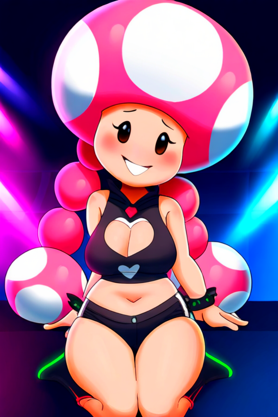 1girl aged_up ai_generated alternate_costume bike_shorts black_eyes blush breasts female_focus looking_at_viewer mario_(series) mushroom_girl nintendo novelai pink_hair sitting smile teeth_clenched toadette twin_braids