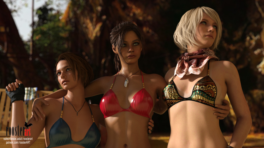 16:9 16:9_aspect_ratio 3_girls 3d 3d_(artwork) 4k ashley_graham 해변 배 배꼽 버튼 비키니 bikini_top 금발 금발 머리 blue_bikini brown_hair claire_redfield fit fit_female jill_valentine looking_away 중간 머리 목걸이 nsfw_version_available patreon patreon_username red_bikini resident_evil roosterart 스카프 어깨 서 있음 subscribestar subscribestar_username tan_body tanned tanned_female tanned_girl tanned_skin 휴가 video_game video_game_character video_game_franchise